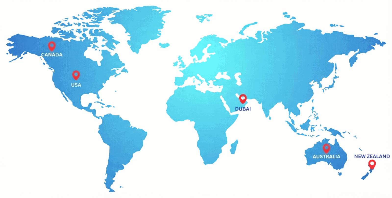 World map showing Synergy Pro's global reach - Based in India serving USA, Canada, Dubai, Australia, New Zealand